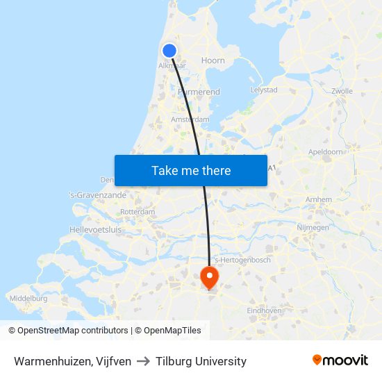 Warmenhuizen, Vijfven to Tilburg University map