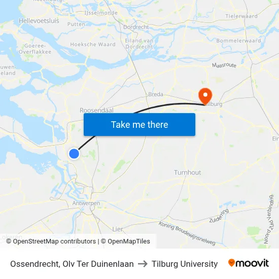 Ossendrecht, Olv Ter Duinenlaan to Tilburg University map