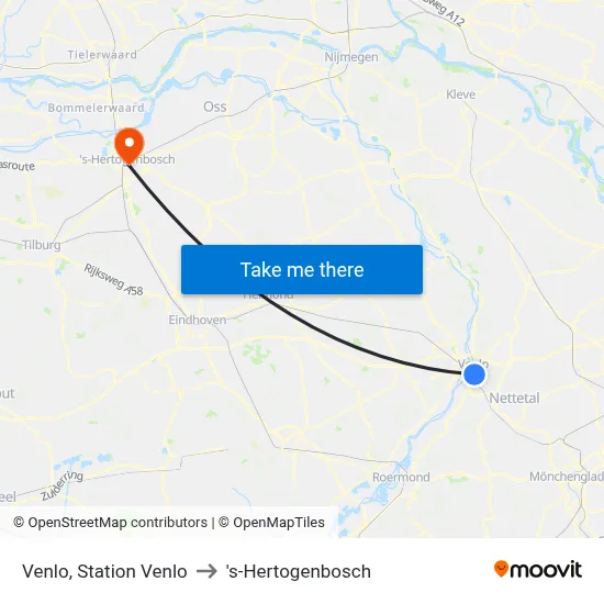 Venlo, Station Venlo to 's-Hertogenbosch map