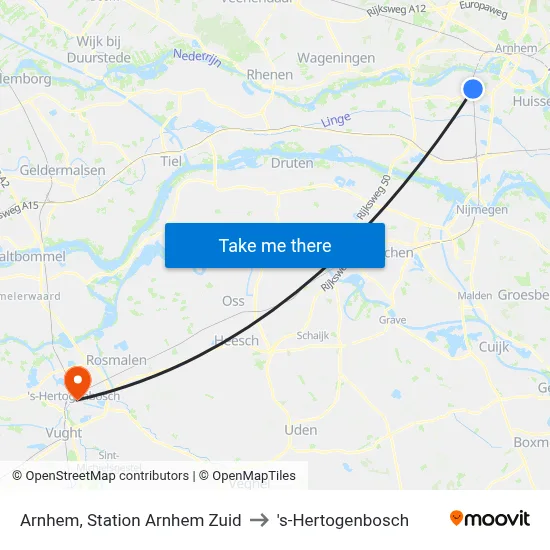 Arnhem, Station Arnhem Zuid to 's-Hertogenbosch map