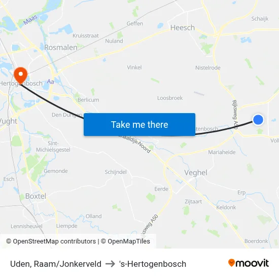 Uden, Raam/Jonkerveld to 's-Hertogenbosch map