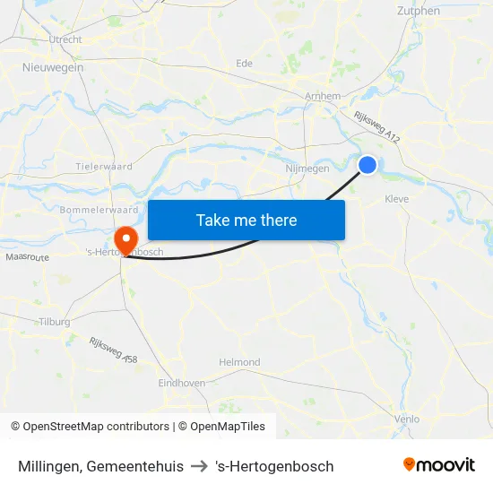 Millingen, Gemeentehuis to 's-Hertogenbosch map