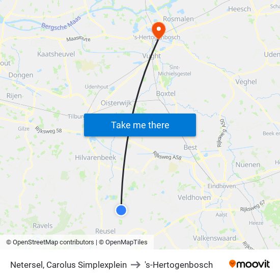 Netersel, Carolus Simplexplein to 's-Hertogenbosch map