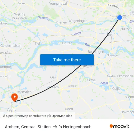 Arnhem, Centraal Station to 's-Hertogenbosch map