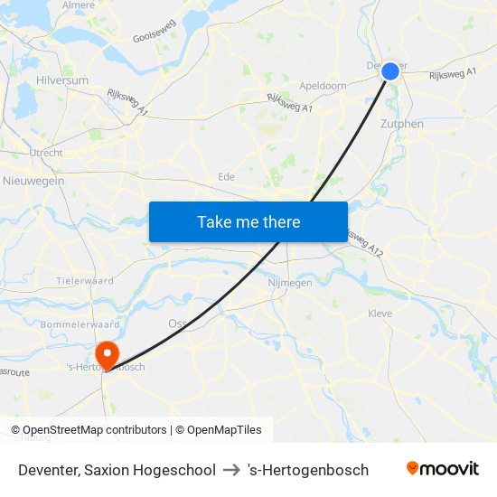 Deventer, Saxion Hogeschool to 's-Hertogenbosch map