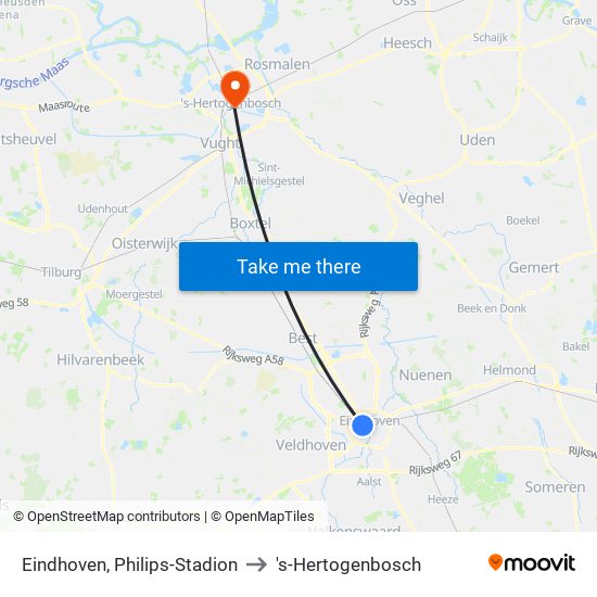 Eindhoven, Philips-Stadion to 's-Hertogenbosch map