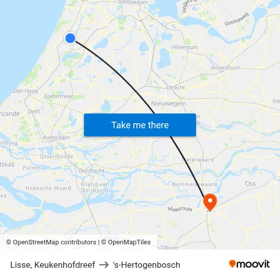 Lisse, Keukenhofdreef to 's-Hertogenbosch map
