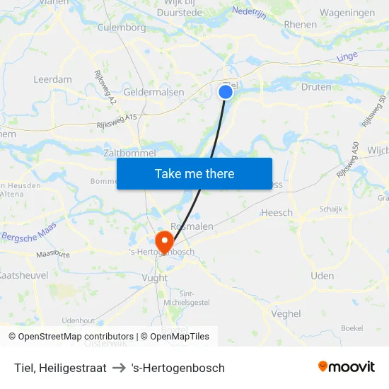 Tiel, Heiligestraat to 's-Hertogenbosch map