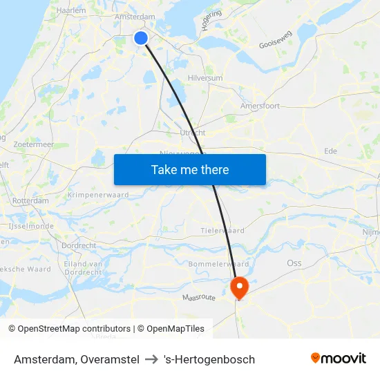 Amsterdam, Overamstel to 's-Hertogenbosch map