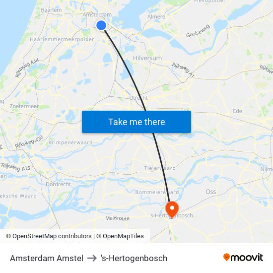 Amsterdam Amstel to 's-Hertogenbosch map