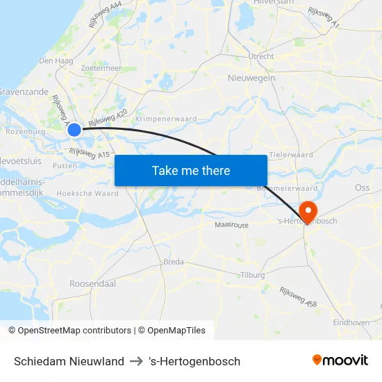 Schiedam Nieuwland to 's-Hertogenbosch map