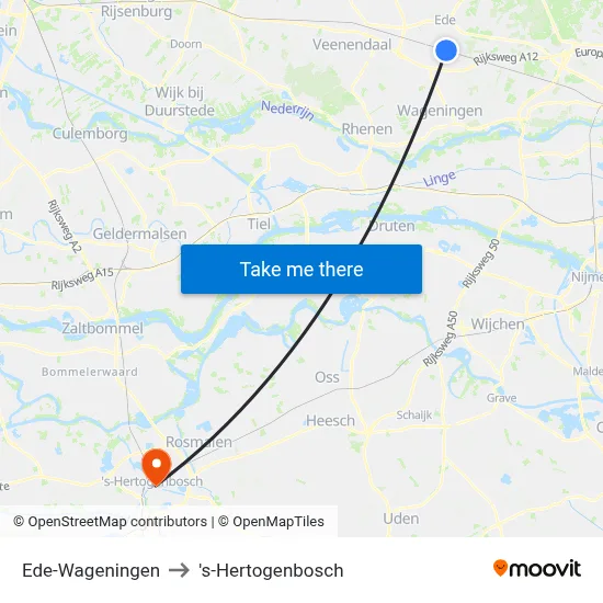 Ede-Wageningen to 's-Hertogenbosch map