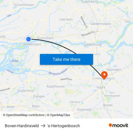 Boven-Hardinxveld to 's-Hertogenbosch map