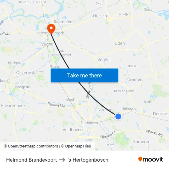 Helmond Brandevoort to 's-Hertogenbosch map