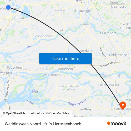 Waddinxveen Noord to 's-Hertogenbosch map