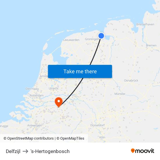 Delfzijl to 's-Hertogenbosch map