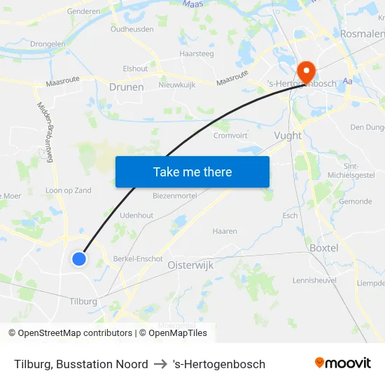 Tilburg, Busstation Noord to 's-Hertogenbosch map