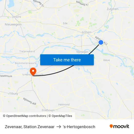 Zevenaar, Station Zevenaar to 's-Hertogenbosch map