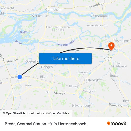 Breda, Centraal Station to 's-Hertogenbosch map