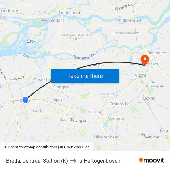 Breda, Centraal Station (K) to 's-Hertogenbosch map