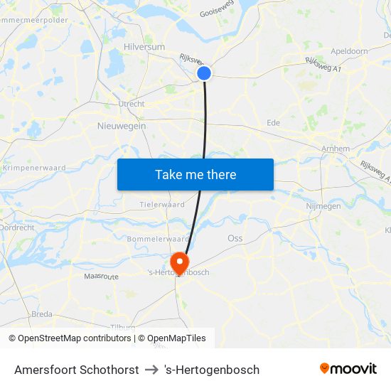 Amersfoort Schothorst to 's-Hertogenbosch map
