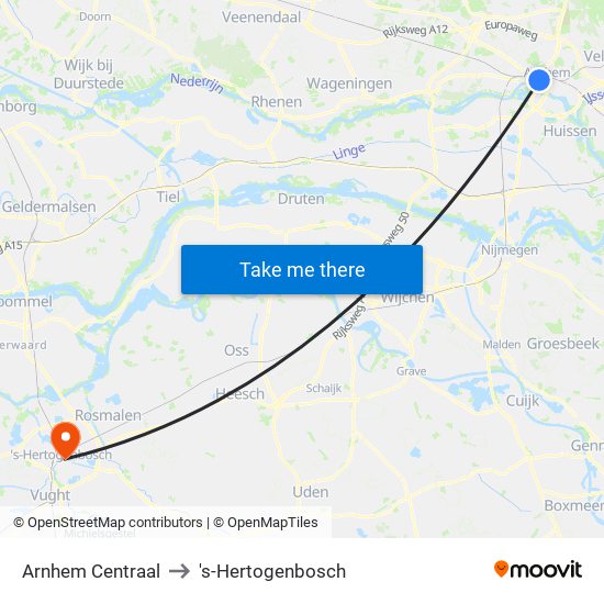 Arnhem Centraal to 's-Hertogenbosch map