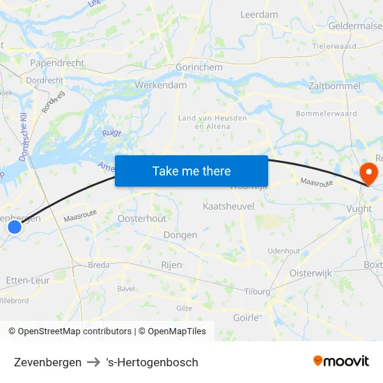 Zevenbergen to 's-Hertogenbosch map