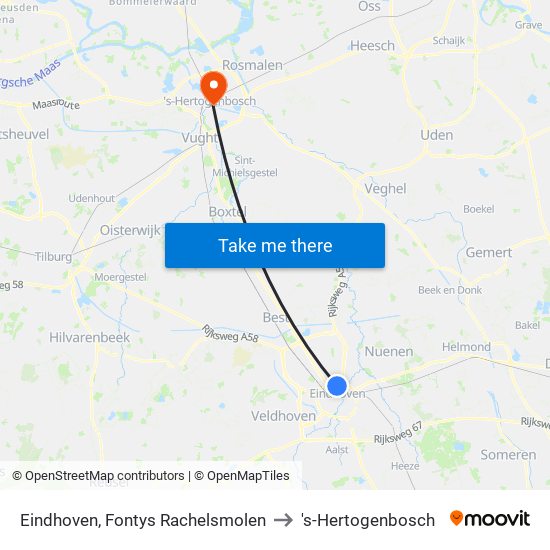 Eindhoven, Fontys Rachelsmolen to 's-Hertogenbosch map