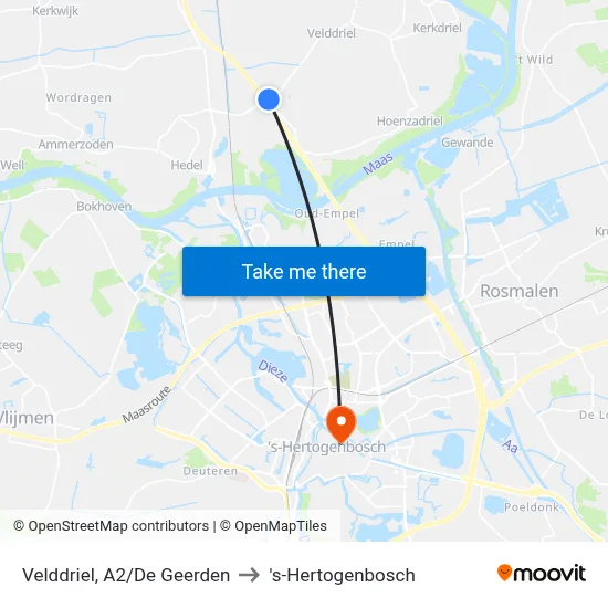 Velddriel, A2/De Geerden to 's-Hertogenbosch map
