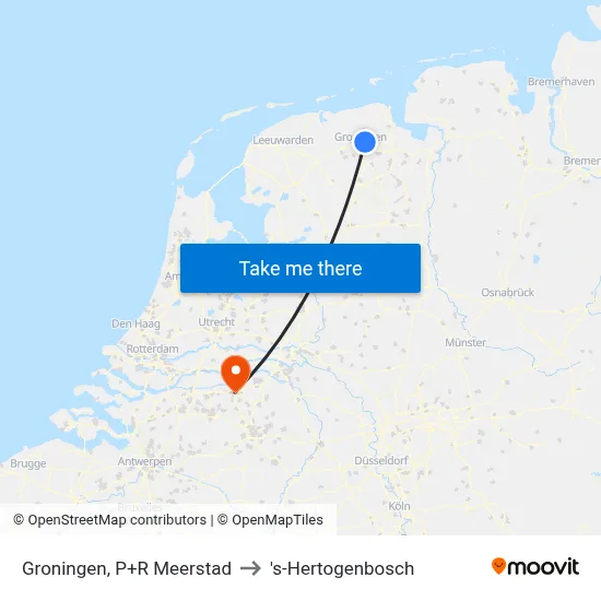 Groningen, P+R Meerstad to 's-Hertogenbosch map
