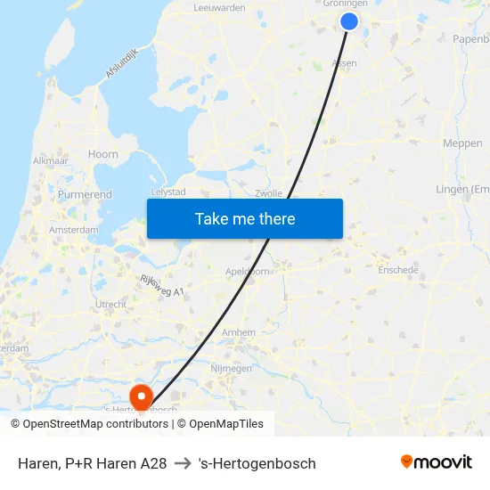 Haren, P+R Haren A28 to 's-Hertogenbosch map