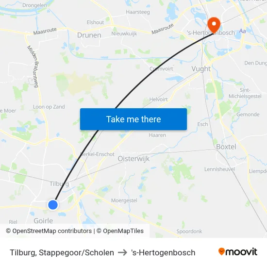 Tilburg, Stappegoor/Scholen to 's-Hertogenbosch map