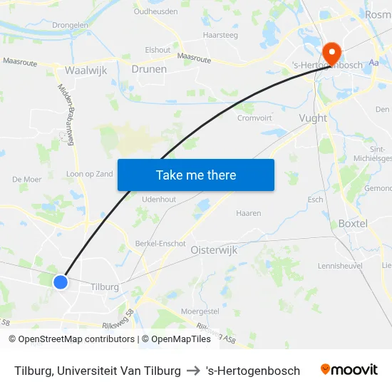 Tilburg, Universiteit Van Tilburg to 's-Hertogenbosch map