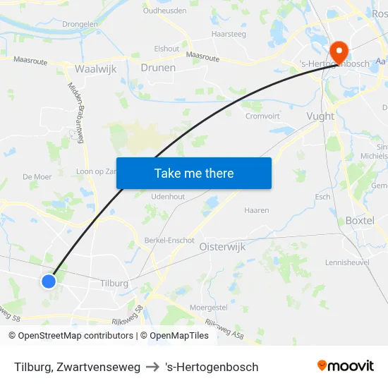Tilburg, Zwartvenseweg to 's-Hertogenbosch map