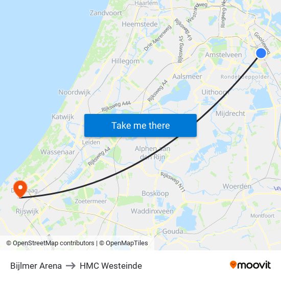 Bijlmer Arena to HMC Westeinde map