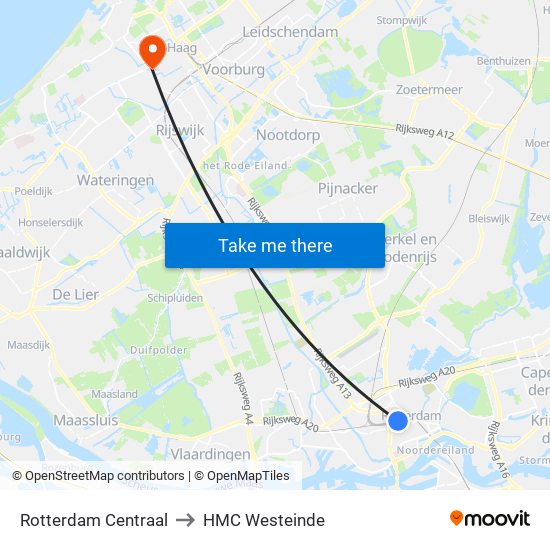 Rotterdam Centraal to HMC Westeinde map