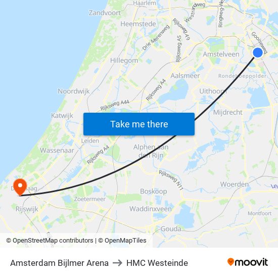 Amsterdam Bijlmer Arena to HMC Westeinde map