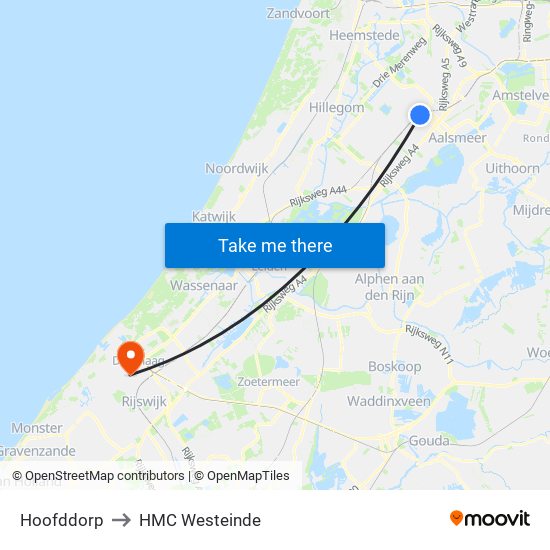 Hoofddorp to HMC Westeinde map