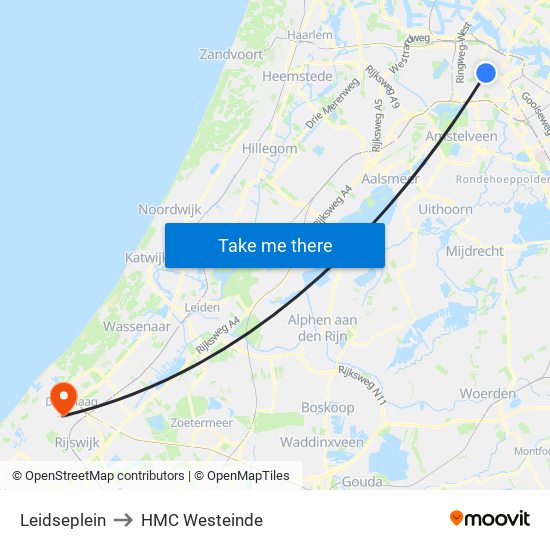 Leidseplein to HMC Westeinde map