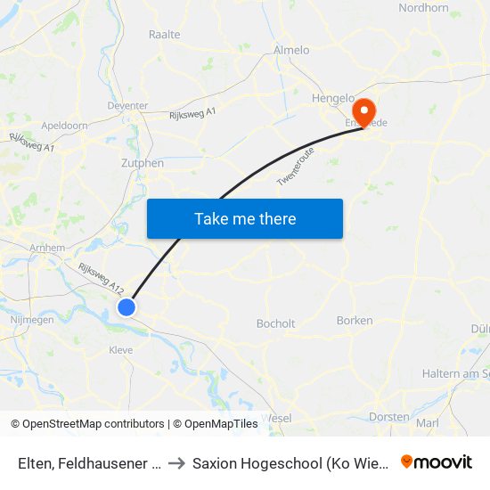 Elten, Feldhausener Weg to Saxion Hogeschool (Ko Wierenga) map