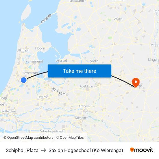 Schiphol, Plaza to Saxion Hogeschool (Ko Wierenga) map