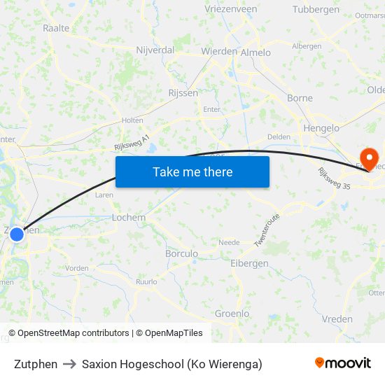 Zutphen to Saxion Hogeschool (Ko Wierenga) map