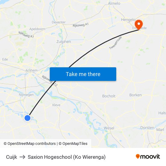 Cuijk to Saxion Hogeschool (Ko Wierenga) map