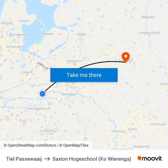 Tiel Passewaaij to Saxion Hogeschool (Ko Wierenga) map