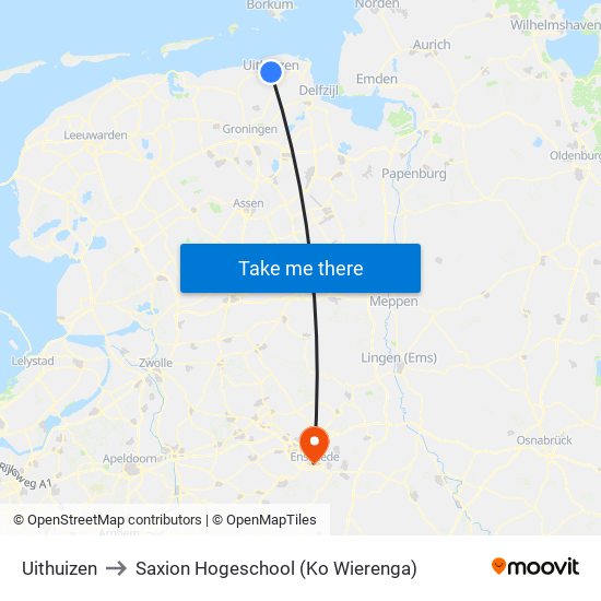 Uithuizen to Saxion Hogeschool (Ko Wierenga) map