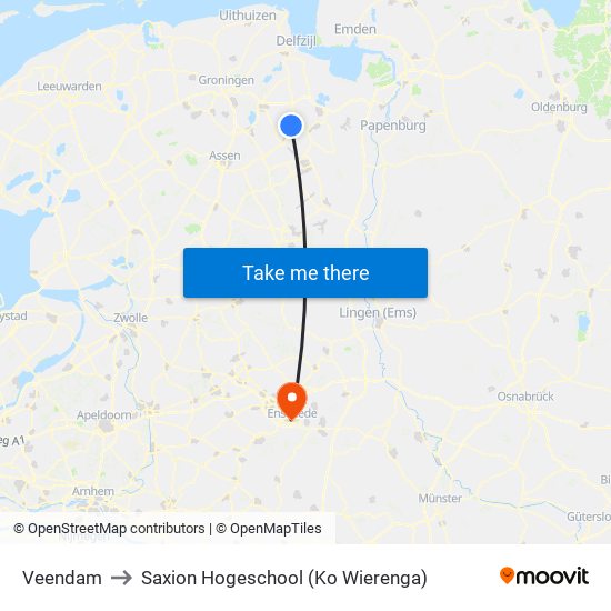 Veendam to Saxion Hogeschool (Ko Wierenga) map