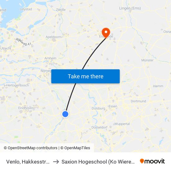 Venlo, Hakkesstraat to Saxion Hogeschool (Ko Wierenga) map