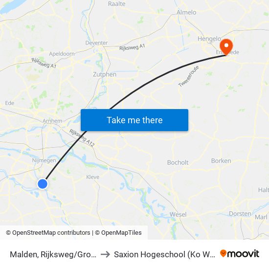 Malden, Rijksweg/Grote Loef to Saxion Hogeschool (Ko Wierenga) map