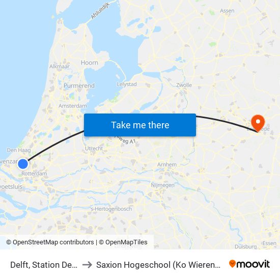 Delft, Station Delft to Saxion Hogeschool (Ko Wierenga) map