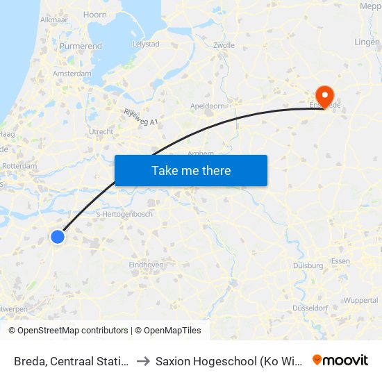 Breda, Centraal Station (A) to Saxion Hogeschool (Ko Wierenga) map